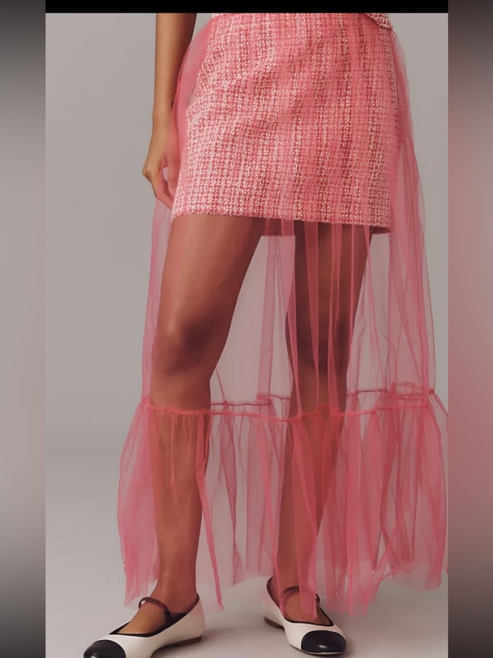 Anthropologie Tulle Overlay Tweed Skirt. Hot Pink. - Picture 2 of 4